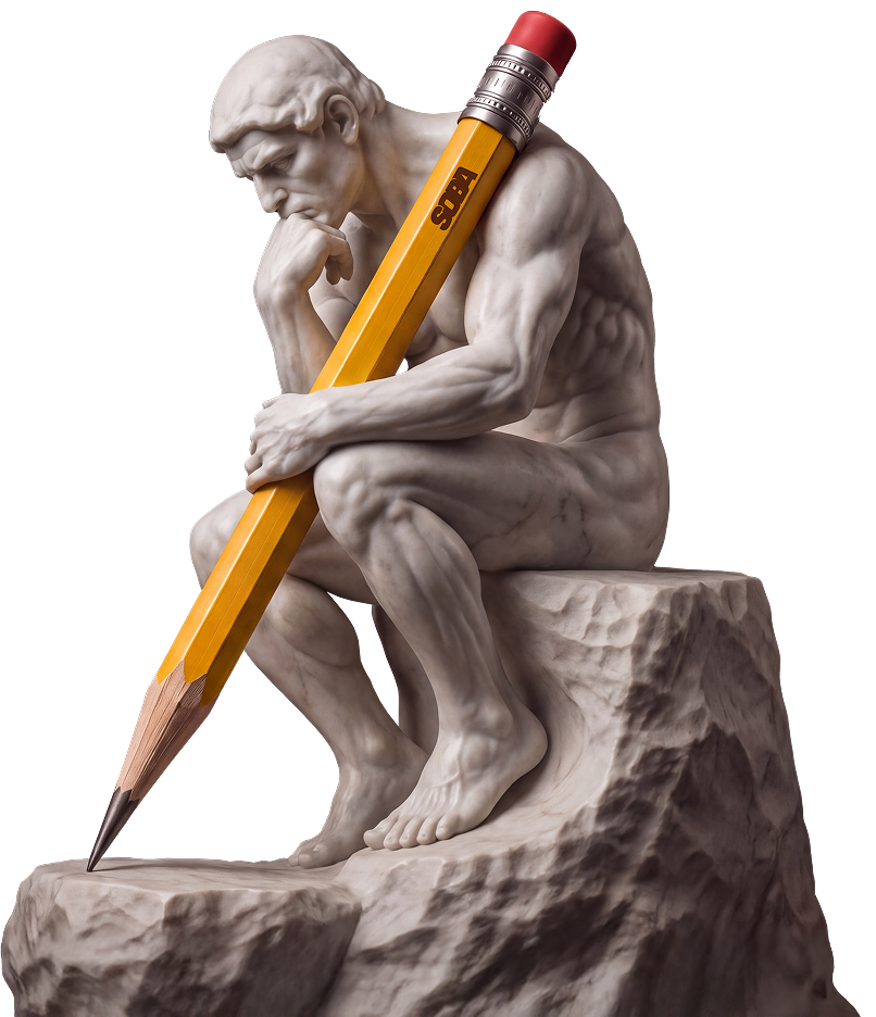 The Thinker holding a pencil
